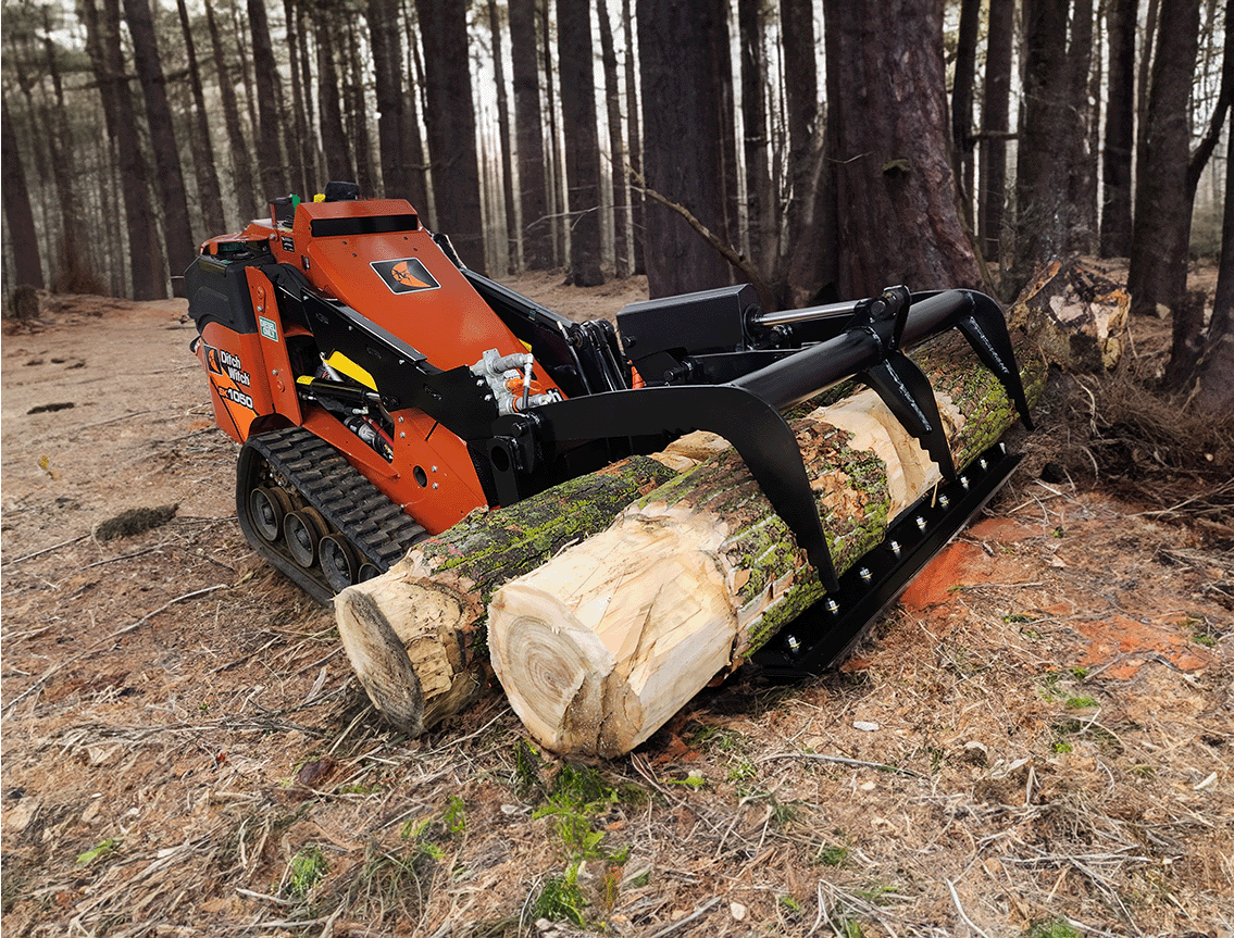 Branch Manager Attachments Horizontal Bucket Grapple For Mini Skids Holding two logs on a Ditch Witch SK1050 In a forest